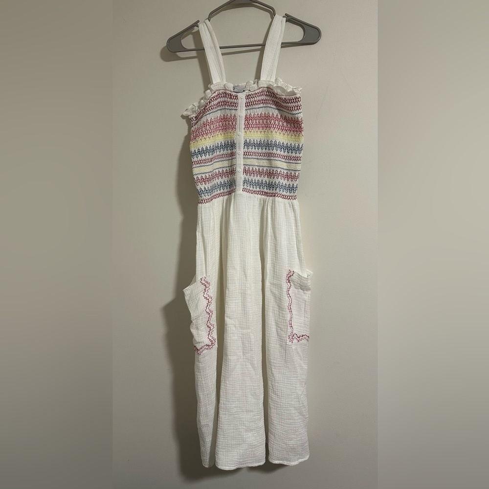 Stella McCartney White Smocked Sundress with Multicolor Stripe Bodice